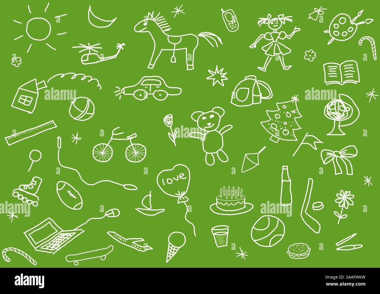 Un ensemble de divers dessins d'enfant sur vert Banque D'Images