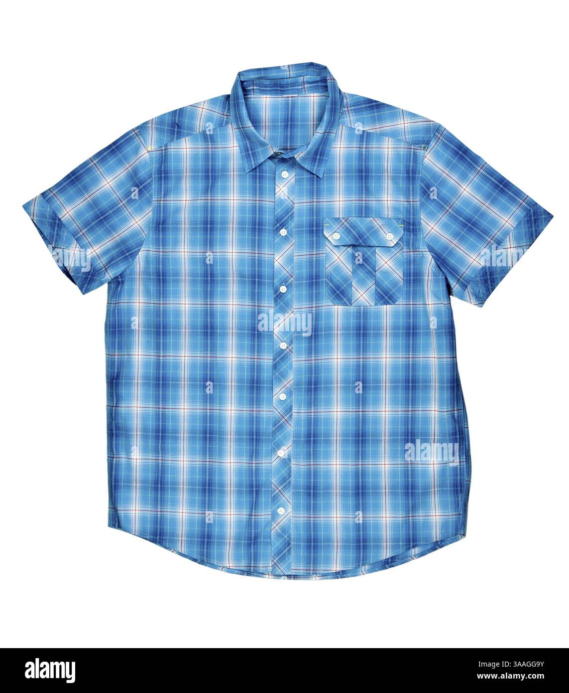 Chemise bleue à carreaux avec manches courtes sur fond blanc Banque D'Images