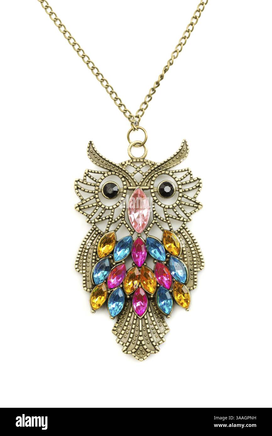 Collier hibou orné de pierres précieuses sur une chaîne. Isoler sur blanc Banque D'Images