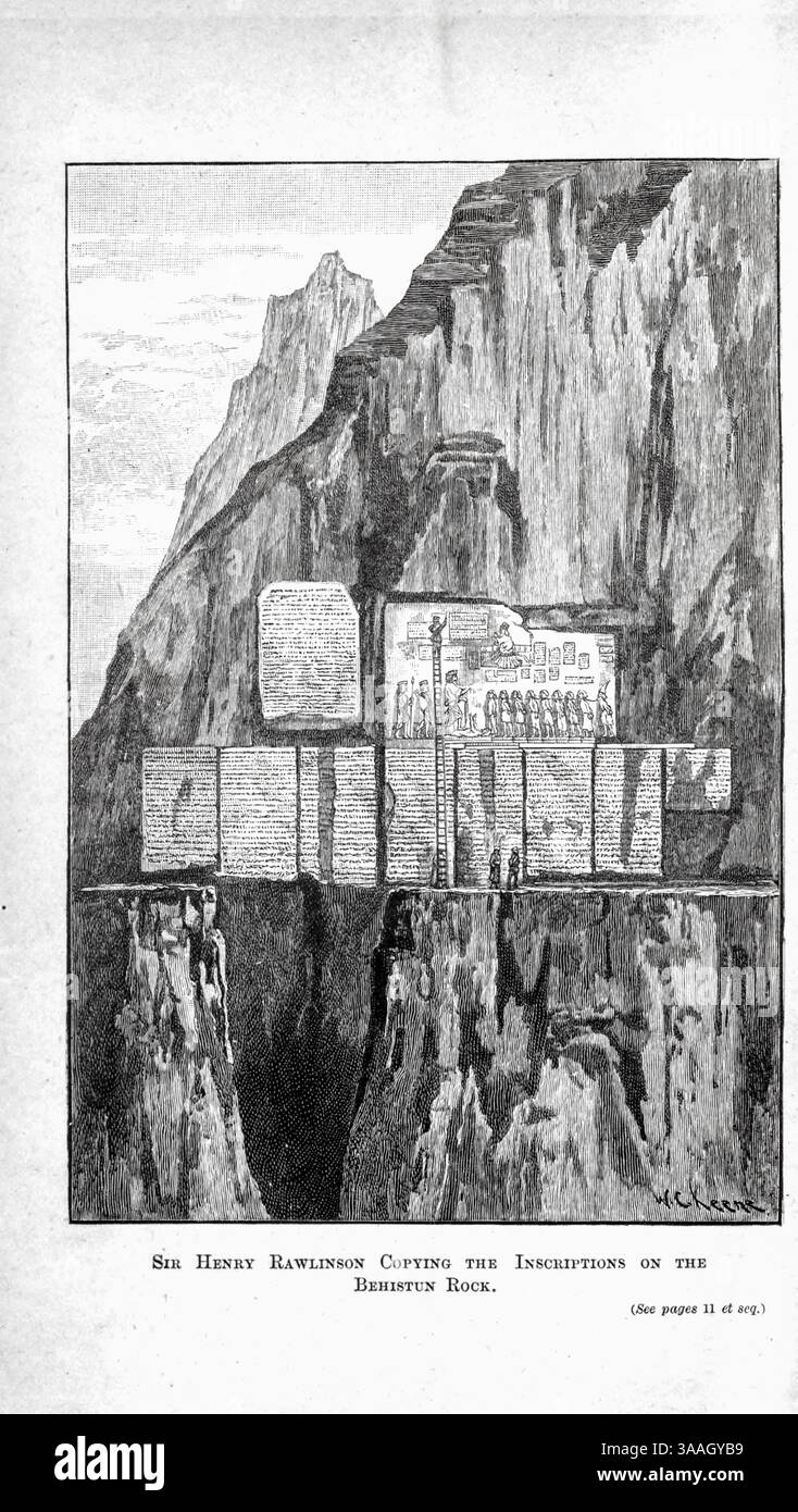 SIR HENRY RAWLINSON COPIE LES INSCRIPTIONS SUR LE ROCHER DE BEHISTUN. [Un grand relief rocheux en Iran avec des inscriptions en plusieurs langues anciennes, significatif pour son rôle dans le déchiffrement de l'écriture cunéiforme et l'histoire de l'Empire achéménide.] Du livre gravé dans la roche : ou, l'exactitude historique de la Bible confirmée par référence aux monuments assyriens et égyptiens au British Museum et ailleurs par Kinns, Samuel, 1826-1903 date de publication 1891 Banque D'Images