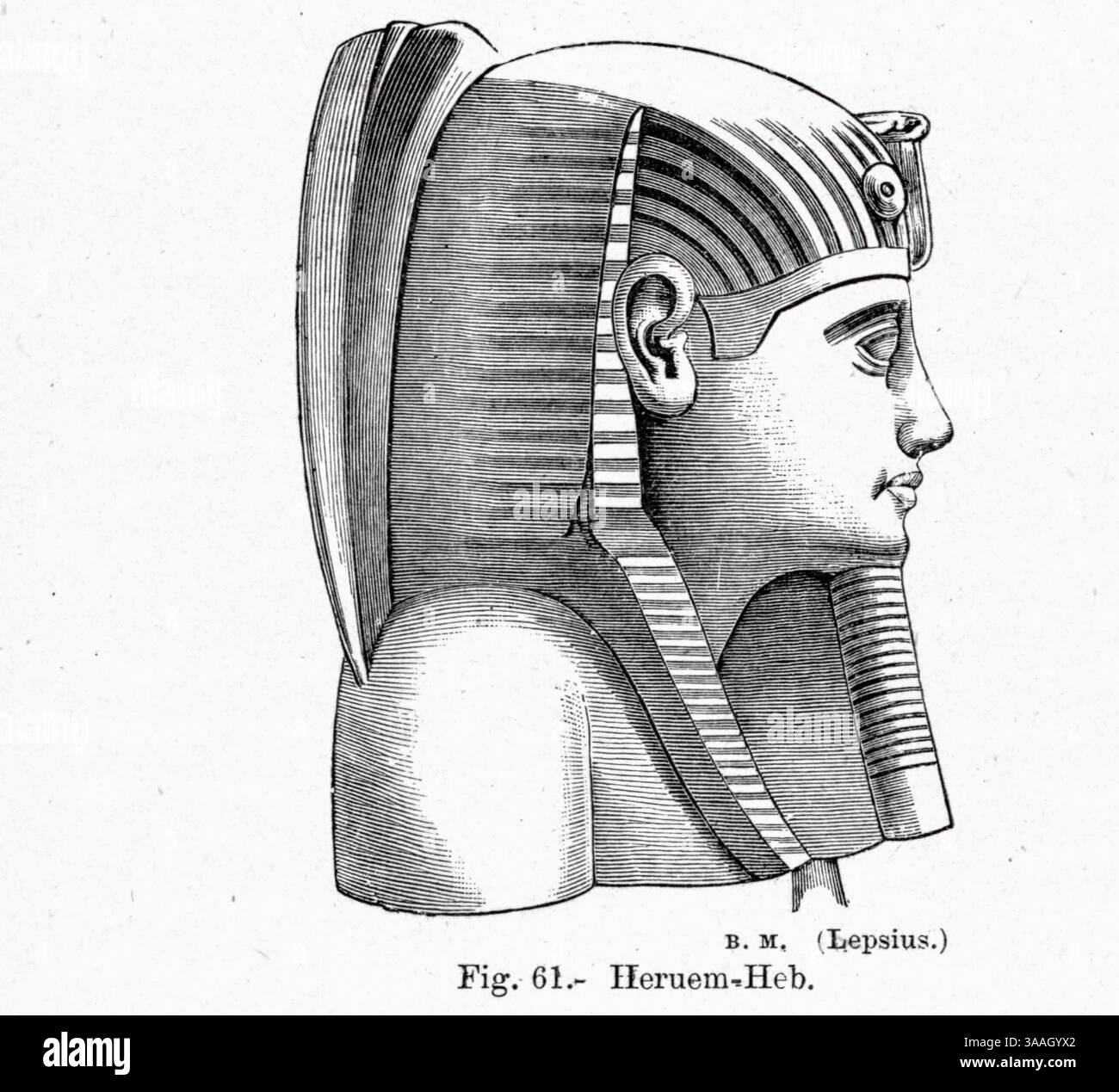 Horemheb, également orthographié Horemhab, Haremheb ou Haremhab était le dernier pharaon de la 18e dynastie d'Égypte (1550–1292 av. J.-C.). Il a régné pendant au moins 14 ans entre 1319 et 1292 av. J.-C. Il n'avait aucun lien avec la famille royale précédente autre que par mariage avec Mutnedjmet, qui est considéré (bien que contesté) comme étant la fille de son prédécesseur, Ay ; il est censé avoir été de naissance commune. Du livre gravé dans la roche : ou, l'exactitude historique de la Bible confirmée par référence aux monuments assyriens et égyptiens au British Museum et ailleurs par Kinns, Samuel, 1826-1903 Publ Banque D'Images