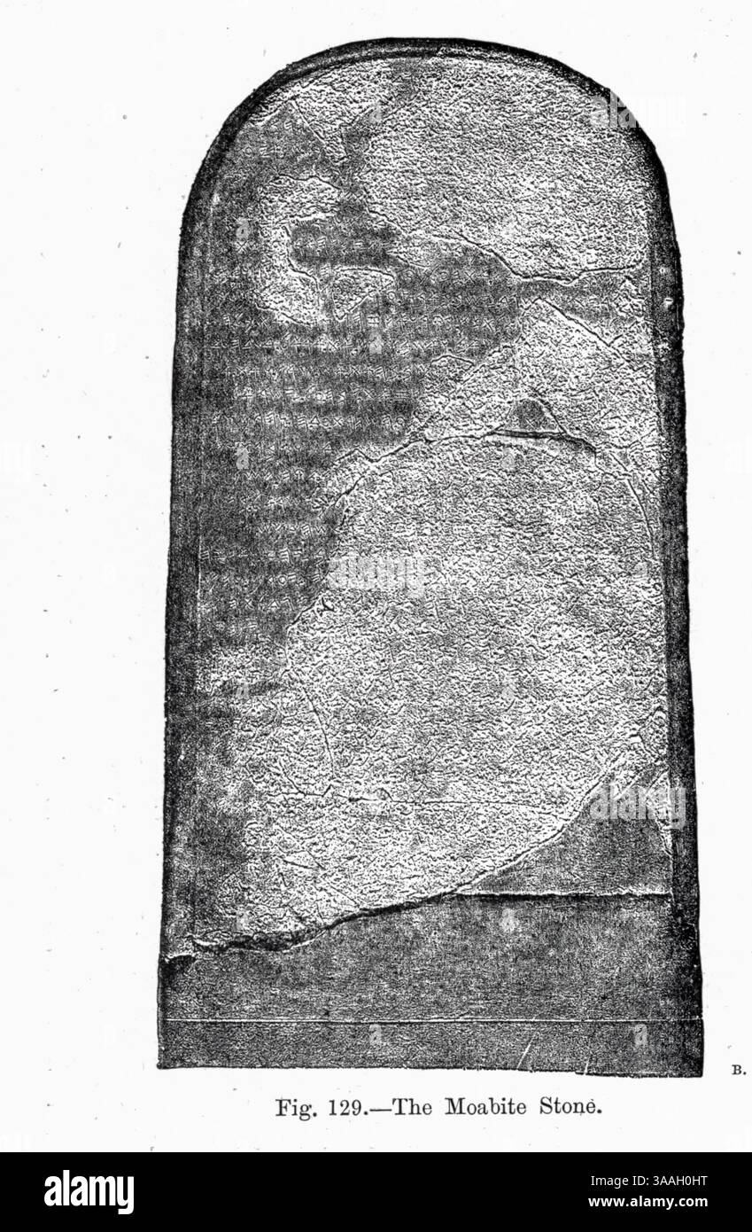 La stèle de Mesha, également connue sous le nom de pierre de Moabite, est une stèle datée autour de 840 av. J.-C. contenant une importante inscription cananéenne au nom du roi Mesha de Moab (un Royaume situé dans l'actuelle Jordanie). Mesha raconte comment Chemosh, le Dieu de Moab, avait été en colère contre son peuple et lui avait permis d'être soumis au Royaume d'Israël, mais finalement, Chemosh est revenu et a aidé Mesha à jeter le joug d'Israël et à restaurer les terres de Moab. Mesha décrit également ses nombreux projets de construction[1]. Il est écrit dans une variante de l'alphabet phénicien, étroitement lié au scrip paléo-hébreu Banque D'Images