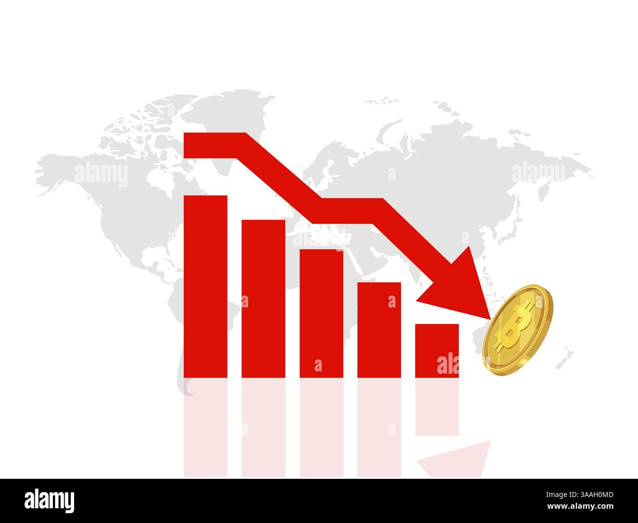 Baisse du prix Bitcoin baisse du marché représentée dans le graphique rouge Banque D'Images