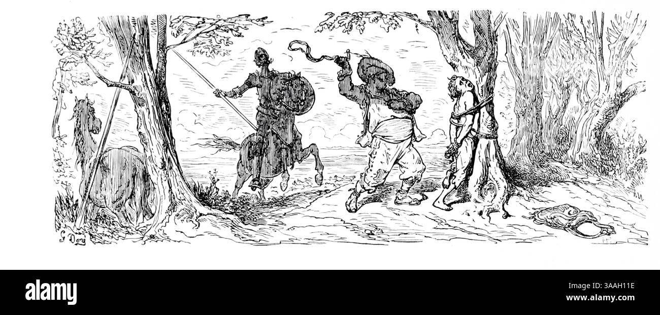 CE QUI EST ARRIVÉ AU CHEVALIER APRÈS AVOIR QUITTÉ L'AUBERGE illustrée par Gostave Dore d'après le livre ' L'histoire de Don Quichotte ' de Cervantes Saavedra, Miguel de, 1547-1616, Doré, Gustave, 1832-1883, date de publication 1900 Éditeur New York : Hogarth Press Banque D'Images