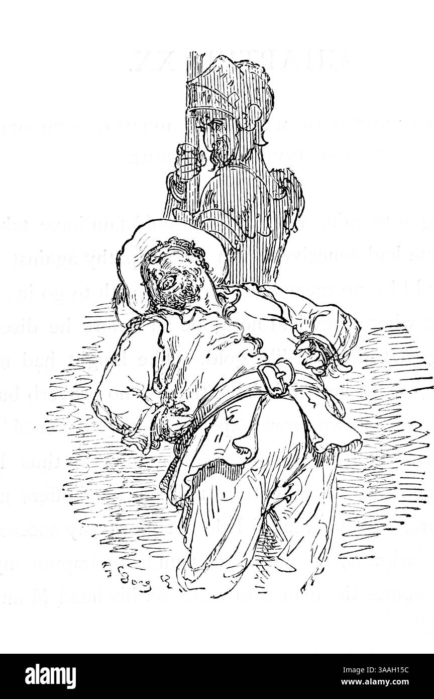 Fin du CHAPITRE XIX illustré par Gostave Dore à partir de la première partie du livre ' L'histoire de Don Quichotte ' de Cervantes Saavedra, Miguel de, 1547-1616, Doré, Gustave, 1832-1883, date de publication 1900 Éditeur New York : Hogarth Press Banque D'Images
