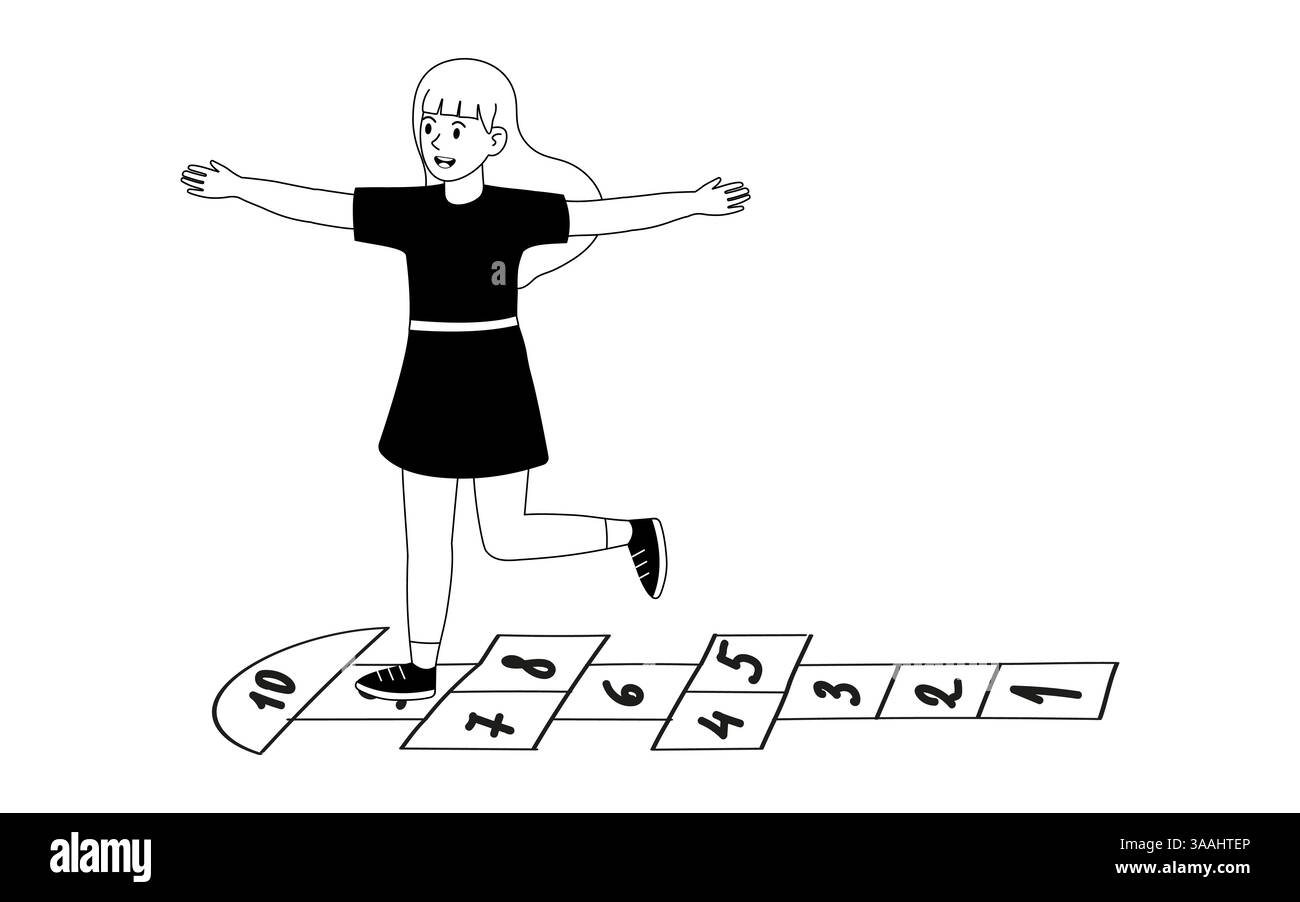 Fille jouant au houblon un jour ensoleillé dans une aire de jeux de quartier Illustration de Vecteur