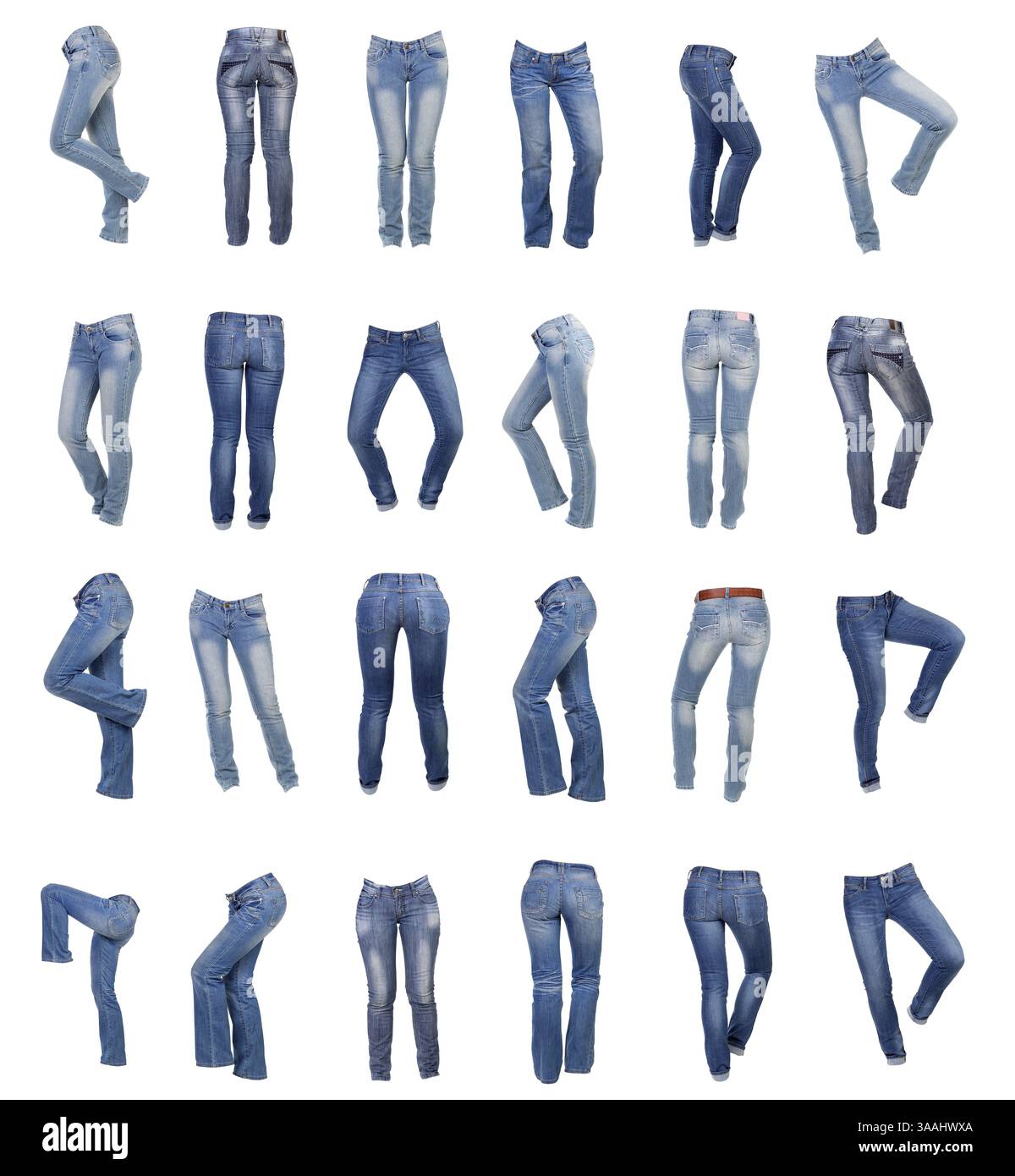 Collage de jeans pour femmes. Isolé sur fond blanc Banque D'Images