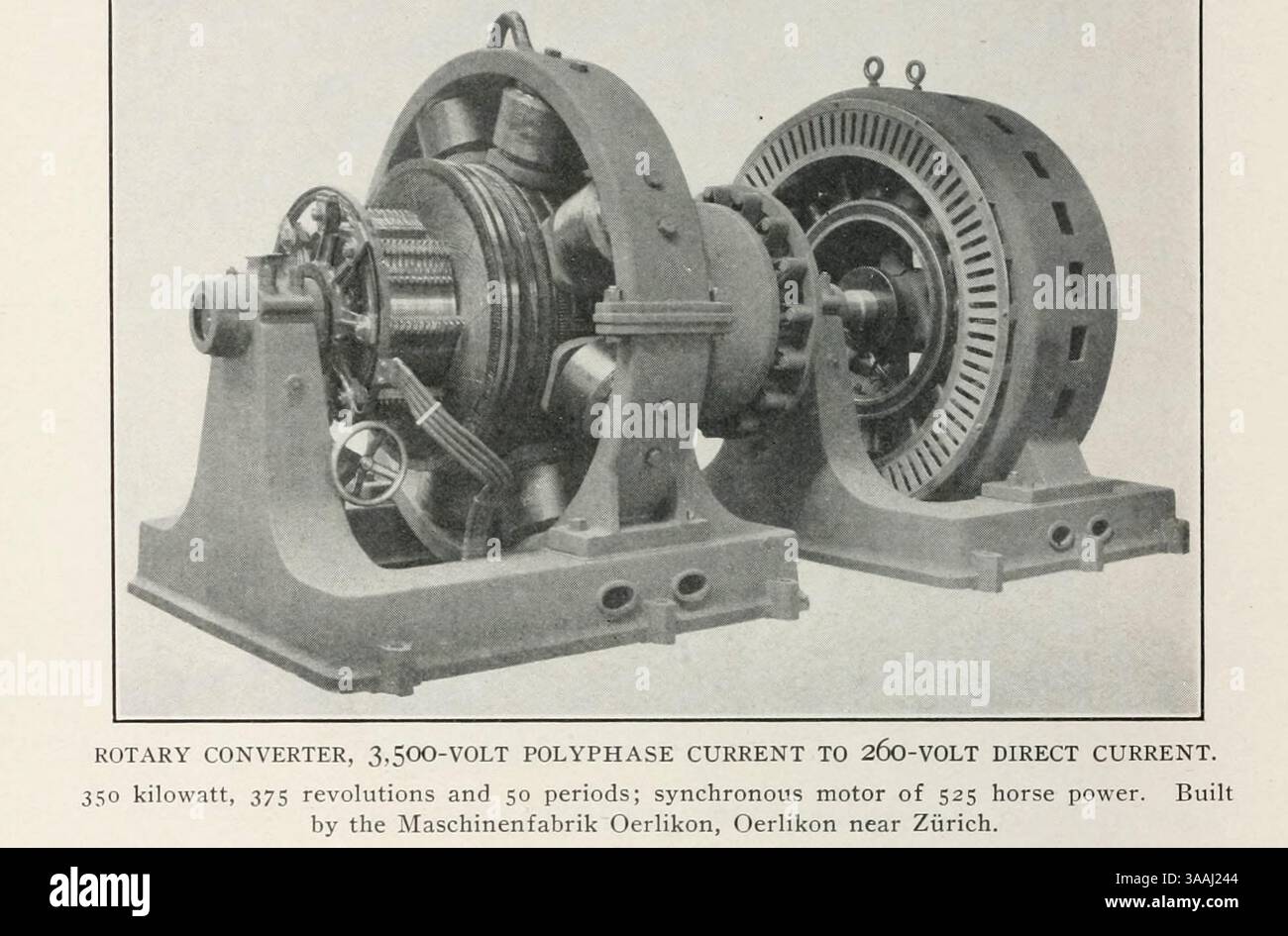 CONVERTISSEUR ROTATIF, COURANT POLYPHASÉ DE 3 500 VOLTS VERS COURANT CONTINU DE 260 VOLTS. 350 kilowatts, 375 tours et 50 périodes ; moteur synchrone de 525 chevaux. Construit par le Maschinenfabrik Oerlikon, Oerlikon près de Zurich. De l'article LE FONCTIONNEMENT DU CONVERTISSEUR ROTATIF. Par David B. Rushmore. Tiré de l'Engineering Magazine consacré au progrès industriel volume XXII 1901-1902 The Engineering Magazine Co Banque D'Images
