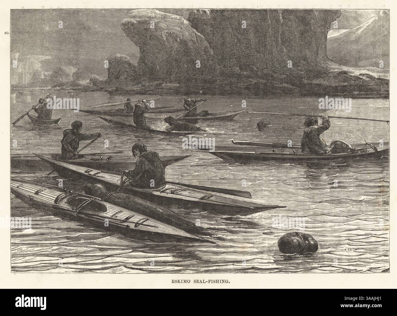 Les Inuits chassent le phoque dans les kayaks de l'océan Arctique. Un groupe d'hommes dans des parkas en peau de phoque utilisant des harpons et des rames pour tuer les phoques près d'une banquise. Pêche aux phoques esquimaux. Gravure sur bois de Robert Brown les races de l’humanité, Cassell, Petter et Galpin, Londres, 1873. Banque D'Images