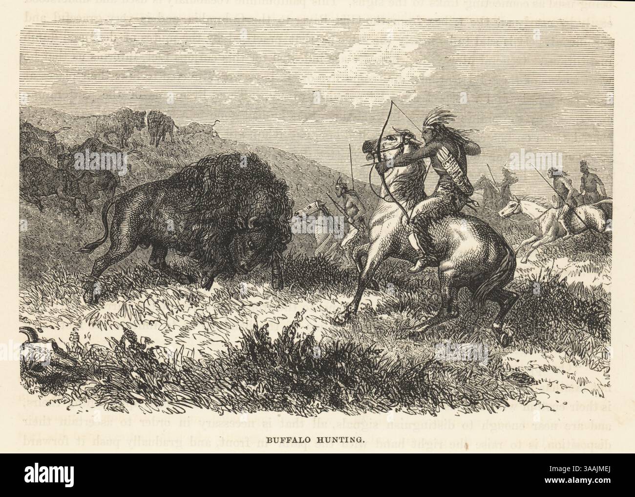 Les Amérindiens chassent le bison dans les plaines. Guerrier en coiffe de plumes et chaps en peau de sarcome visant une flèche sur la tête d'un bison. D'autres chasseurs à cheval poursuivent un troupeau de bisons en arrière-plan. La chasse aux buffles. Gravure sur bois de Robert Brown les races de l’humanité, Cassell, Petter et Galpin, Londres, 1873. Banque D'Images