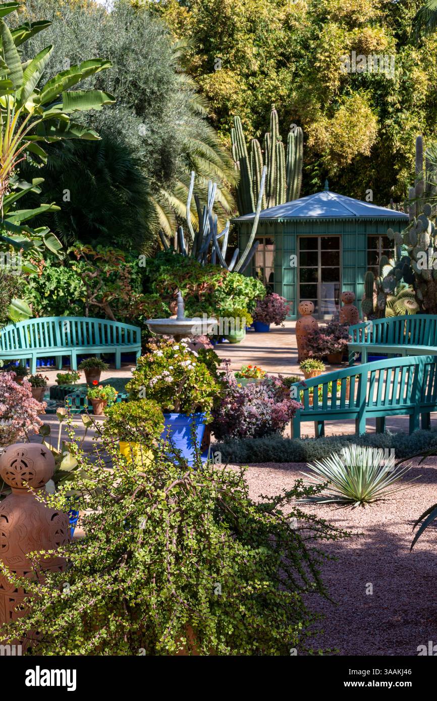 Marrakech, Maroc - 16 février 2025 : fleurs et maison de jardin Banque D'Images
