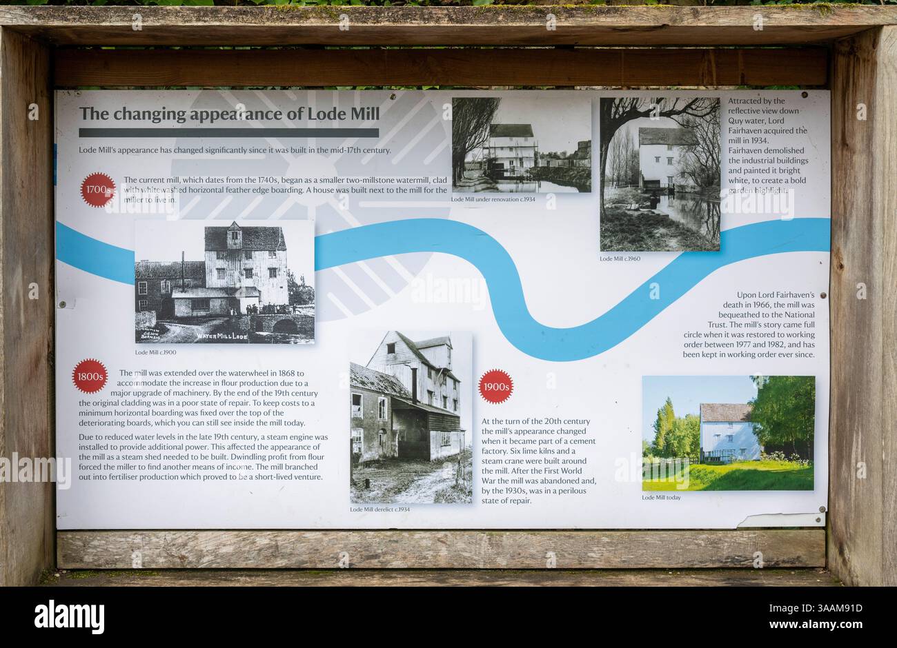 Panneau d'information pour les visiteurs à Lode Mill, Anglesey Abbey, Cambridgeshire, Angleterre, Royaume-Uni Banque D'Images