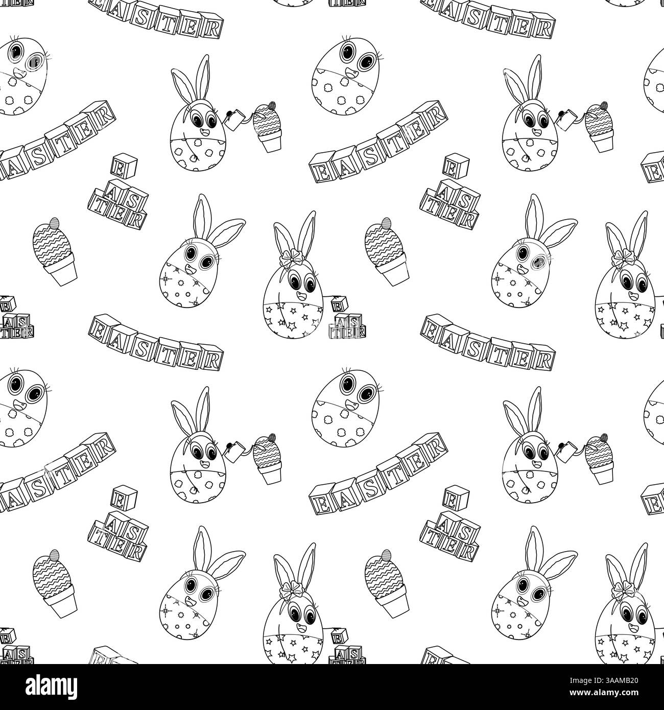 Motif monochrome sans couture avec des personnages anthropomorphes d'enfants oeufs de Pâques avec des oreilles de lapin de Pâques, des visages ludiques. Idéal pour coloriage de page. Illustration de Vecteur