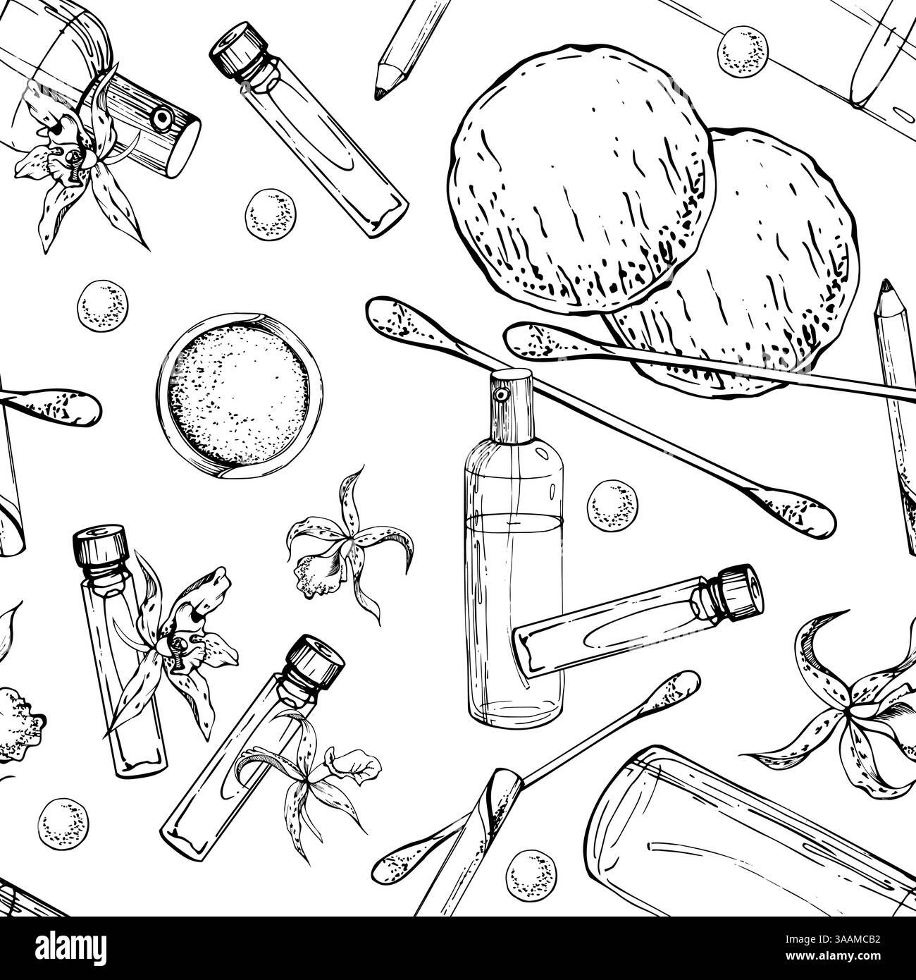 Échantillonneurs de parfum en flacon pulvérisateur, coton-tige Q-tip, gel de bain shampooing, fleurs exotiques d'orchidées. Modèle sans couture isolé. Encre dessinée à la main vectorielle Illustration de Vecteur