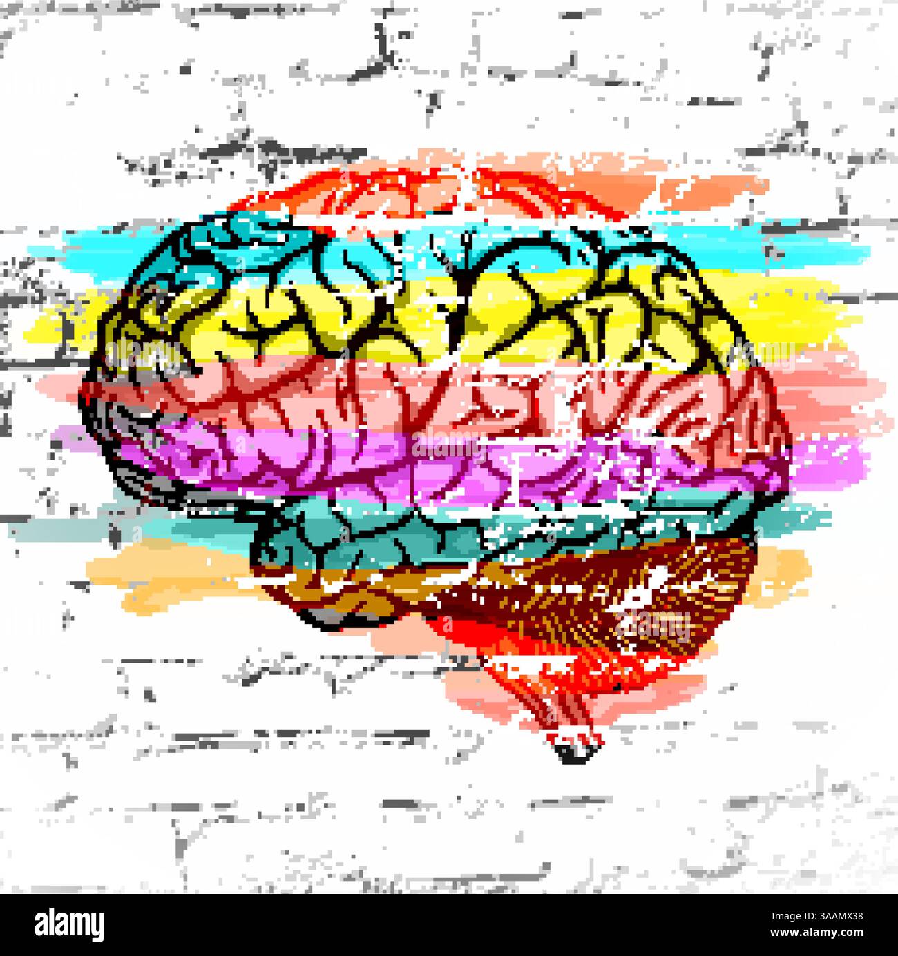 Cerveau humain abstrait coloré rayé contre un mur de briques blanches comme une expression d'une variété d'émotions et de pensées. Illustration vectorielle Illustration de Vecteur