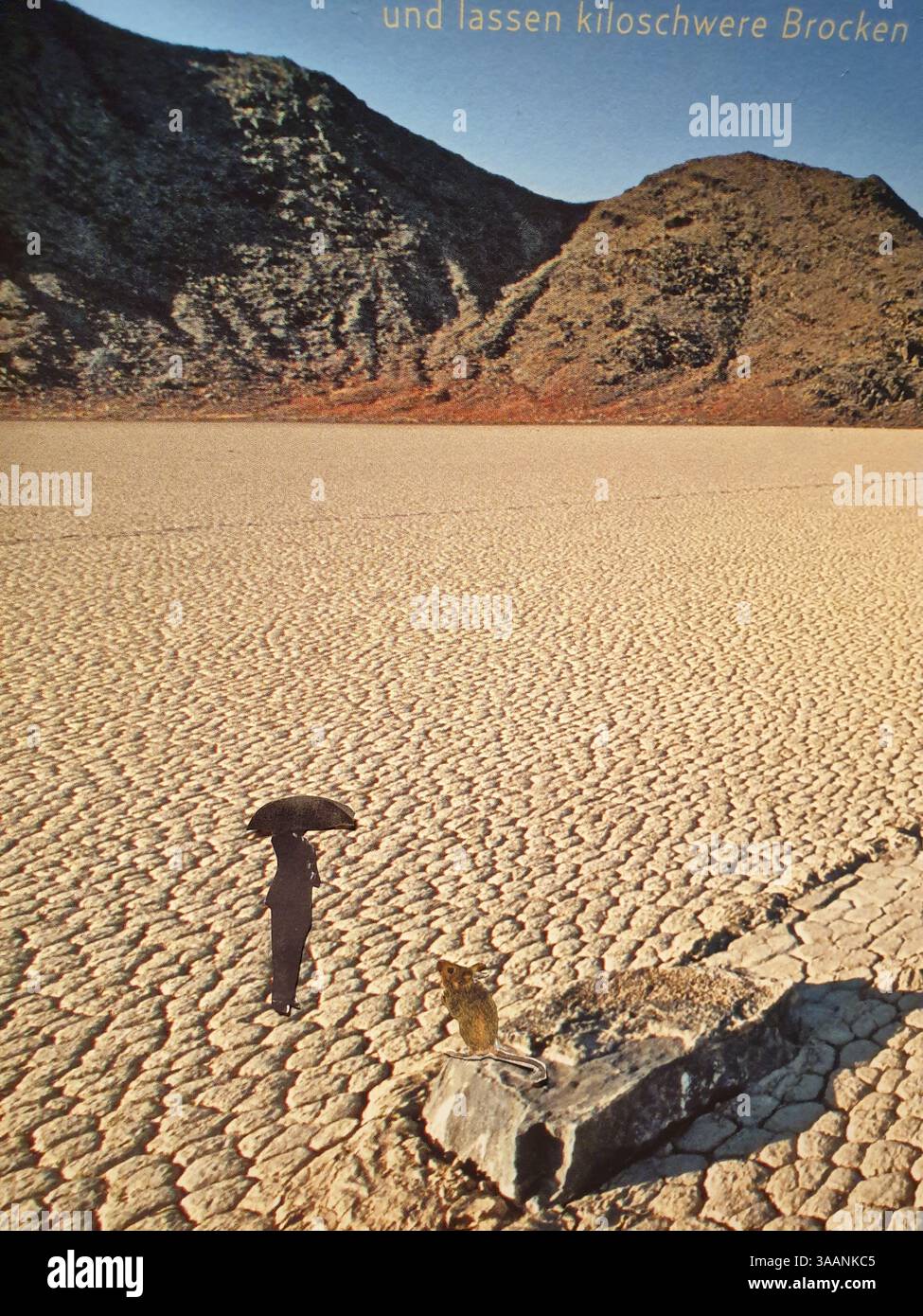 Art conceptuel de collage surréaliste d'un homme et d'une souris perdus dans le désert Banque D'Images