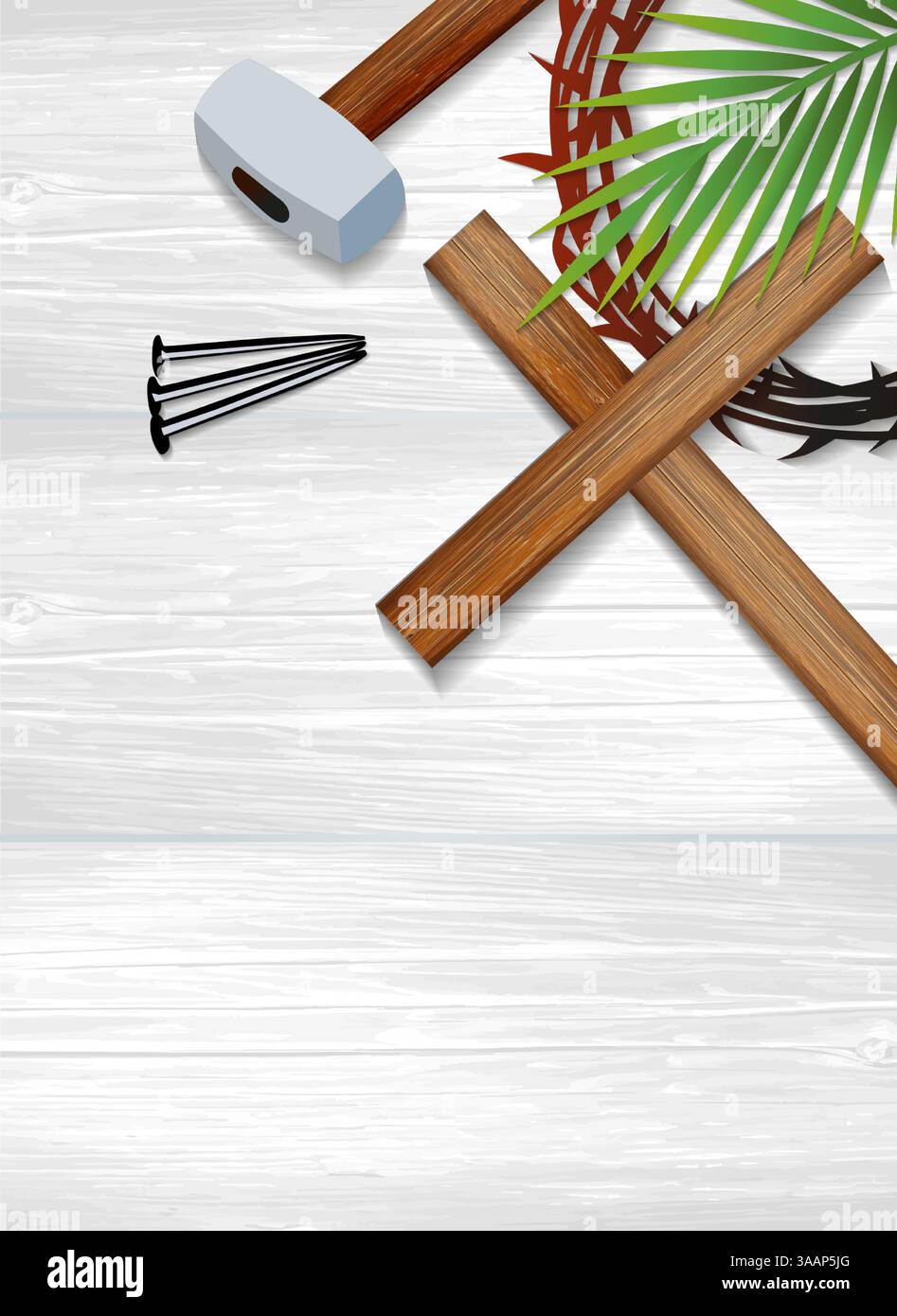 Modèle de bannière joyeuse Pâques avec couronne d'épines, croix en bois, trois clous et maillet. Branche de palmier, croix et espace de copie pour affiche religieuse Illustration de Vecteur Modèle de bannière joyeuse Pâques avec couronne d'épines, croix en bois, trois clous et maillet. Branche de palmier, croix et espace de copie pour affiche religieuse Illustration de Vecteur