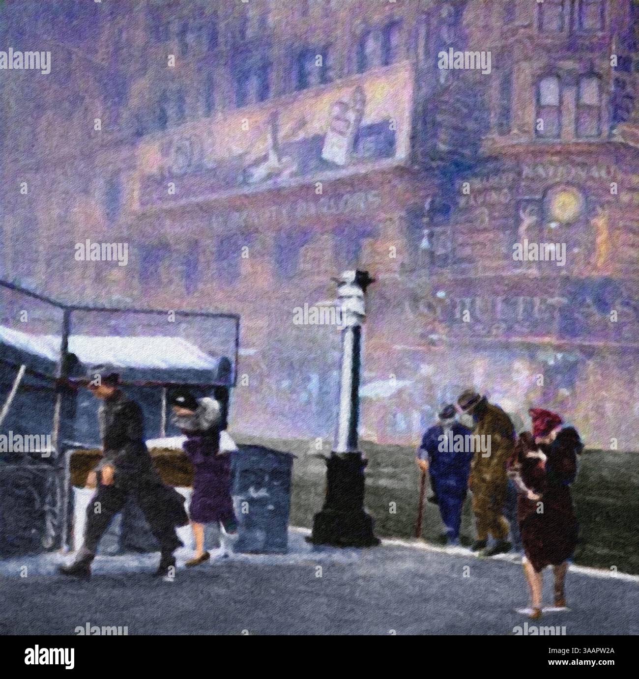 Piétons subissant une tempête de neige sur 43rd Street et Broadway, New York City, États-Unis 1937. Banque D'Images