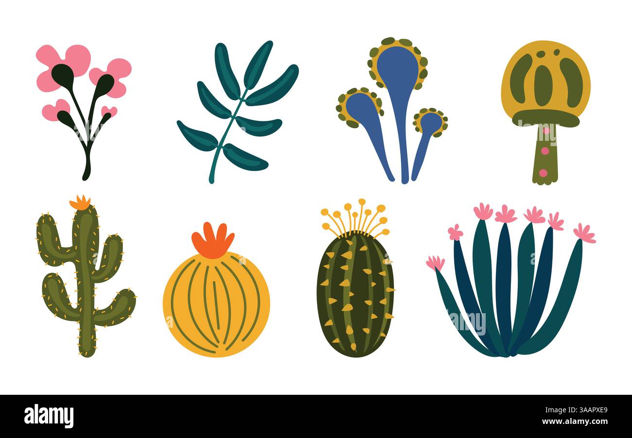 Ensemble fantaisiste de plantes préhistoriques exotiques, de cactus et de fleurs fantastiques dans des couleurs vives, parfait pour les scènes de jungle, les mondes Dino et les affiches éducatives Illustration de Vecteur