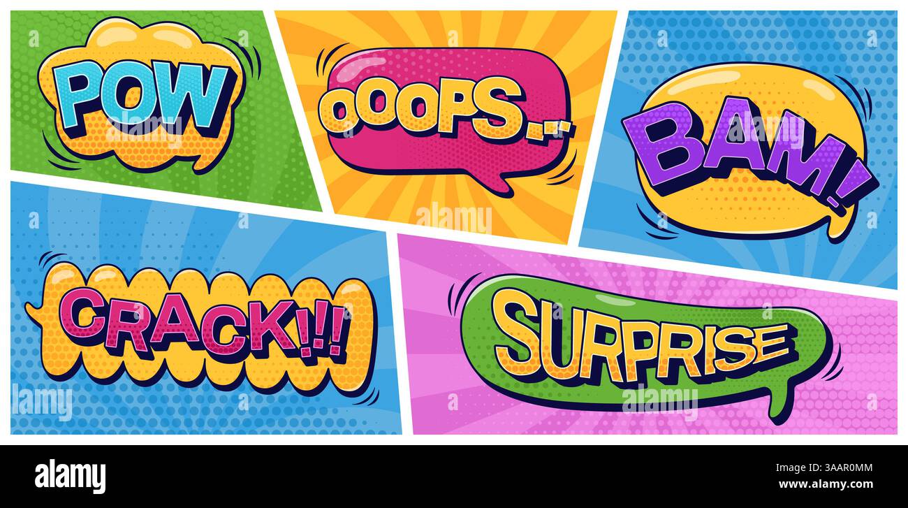 Pack de bulles de parole. Pow Bam surprise Crack Ooops texte et éléments de demi-teinte sur des motifs de forme groovy de couleur. Illustrations de dessins animés en couleur vectorielle dessinées dans le style pop art. Illustration de Vecteur
