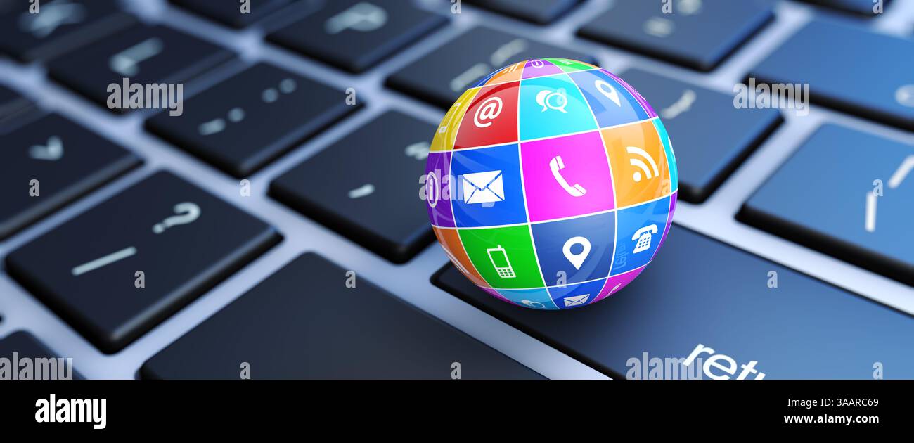 Concept d'en-tête de page de contact du site Web avec nous contacter globe d'icônes Web sur un clavier d'ordinateur illustration 3D. Banque D'Images