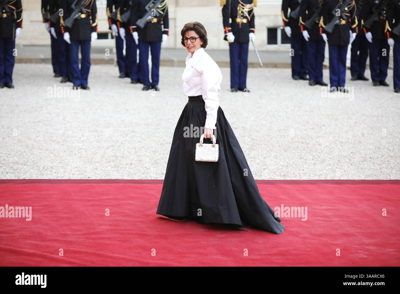 Paris, France le 31 mars 2025, Rachida Dati arrive pour un dîner d'État en l'honneur du couple royal du Danemark au palais présidentiel de l'Elysée à Paris. Crédit François Loock/Alamy Live News Banque D'Images
