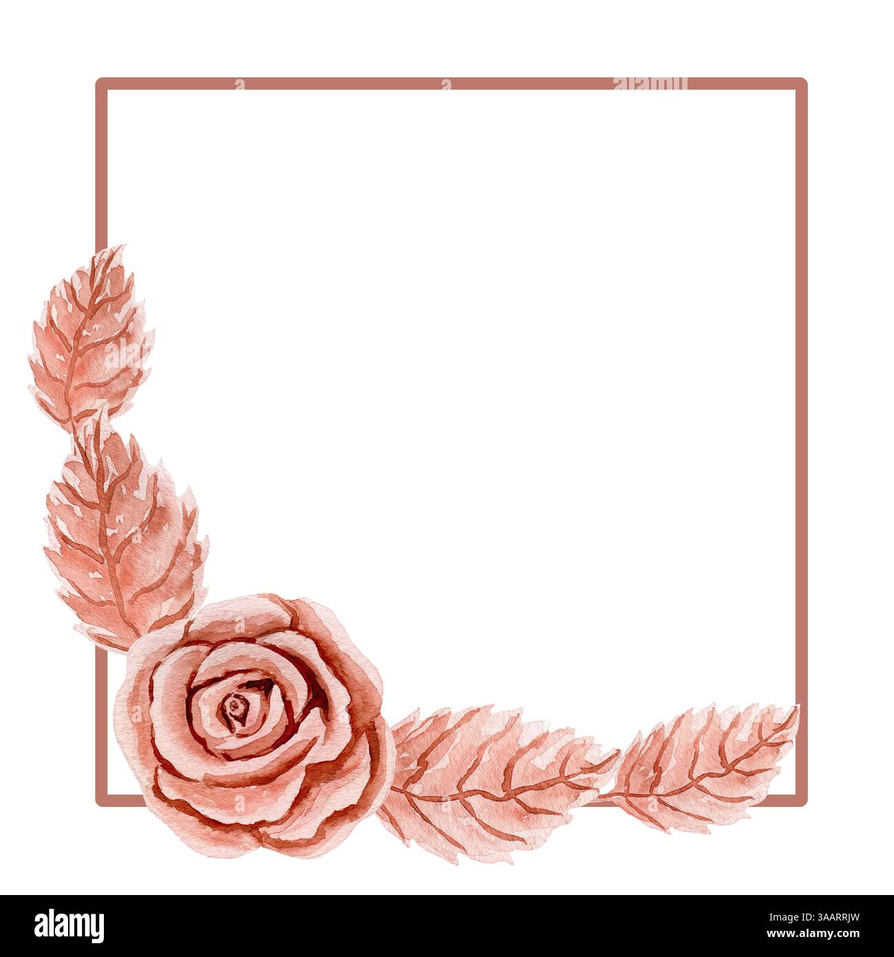 Carte carrée avec composition de tête de rose en plastique ou en métal et de feuilles. Illustrations aquarelles isolées sur fond blanc. Pour design, carte, postca Banque D'Images Carte carrée avec composition de tête de rose en plastique ou en métal et de feuilles. Illustrations aquarelles isolées sur fond blanc. Pour design, carte, postca Banque D'Images