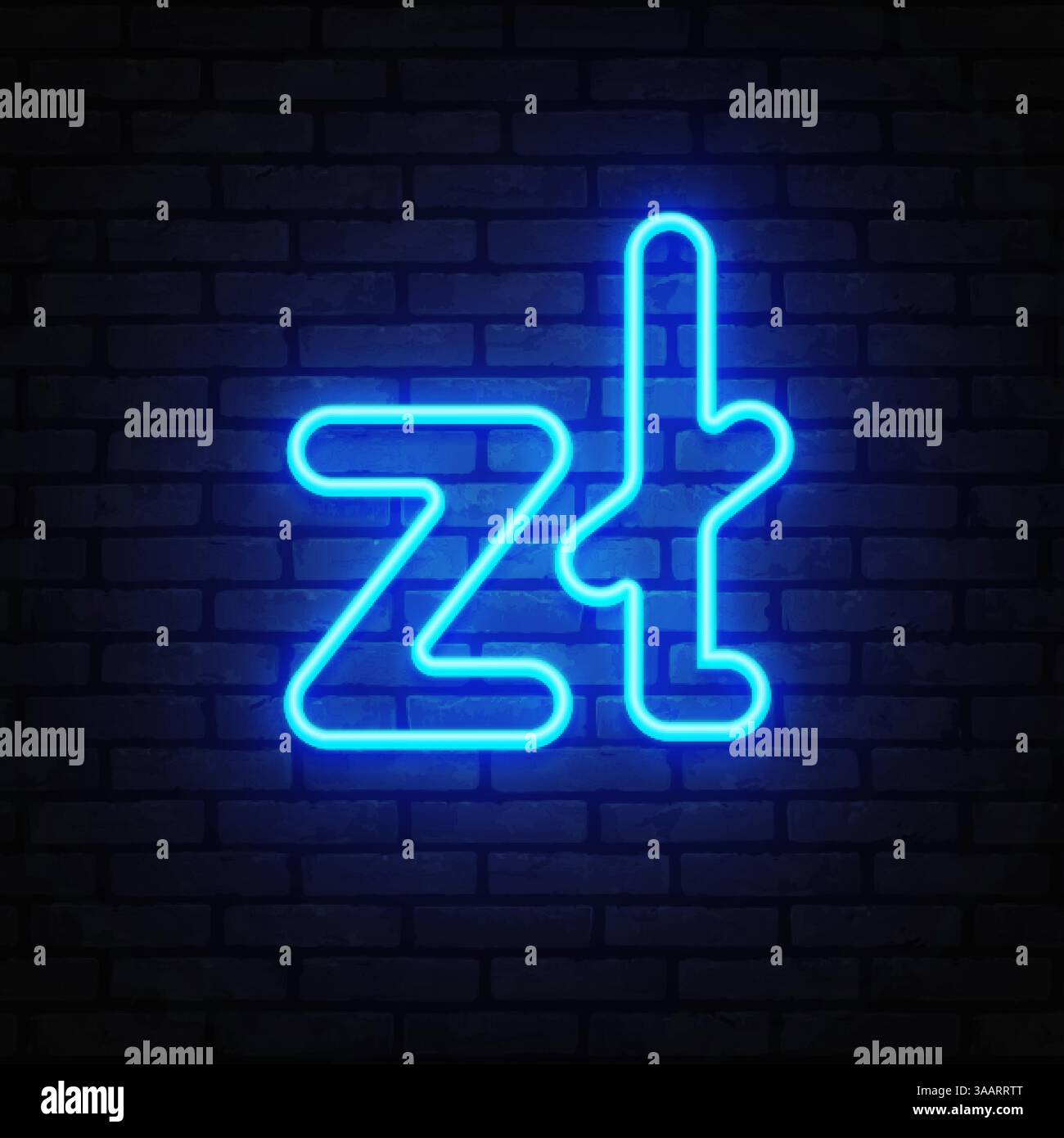 Symbole Zloty brillant dans un néon bleu vif avec une touche numérique minimaliste. L'icône se distingue sur un fond de mur sombre texturé. Illustration de Vecteur