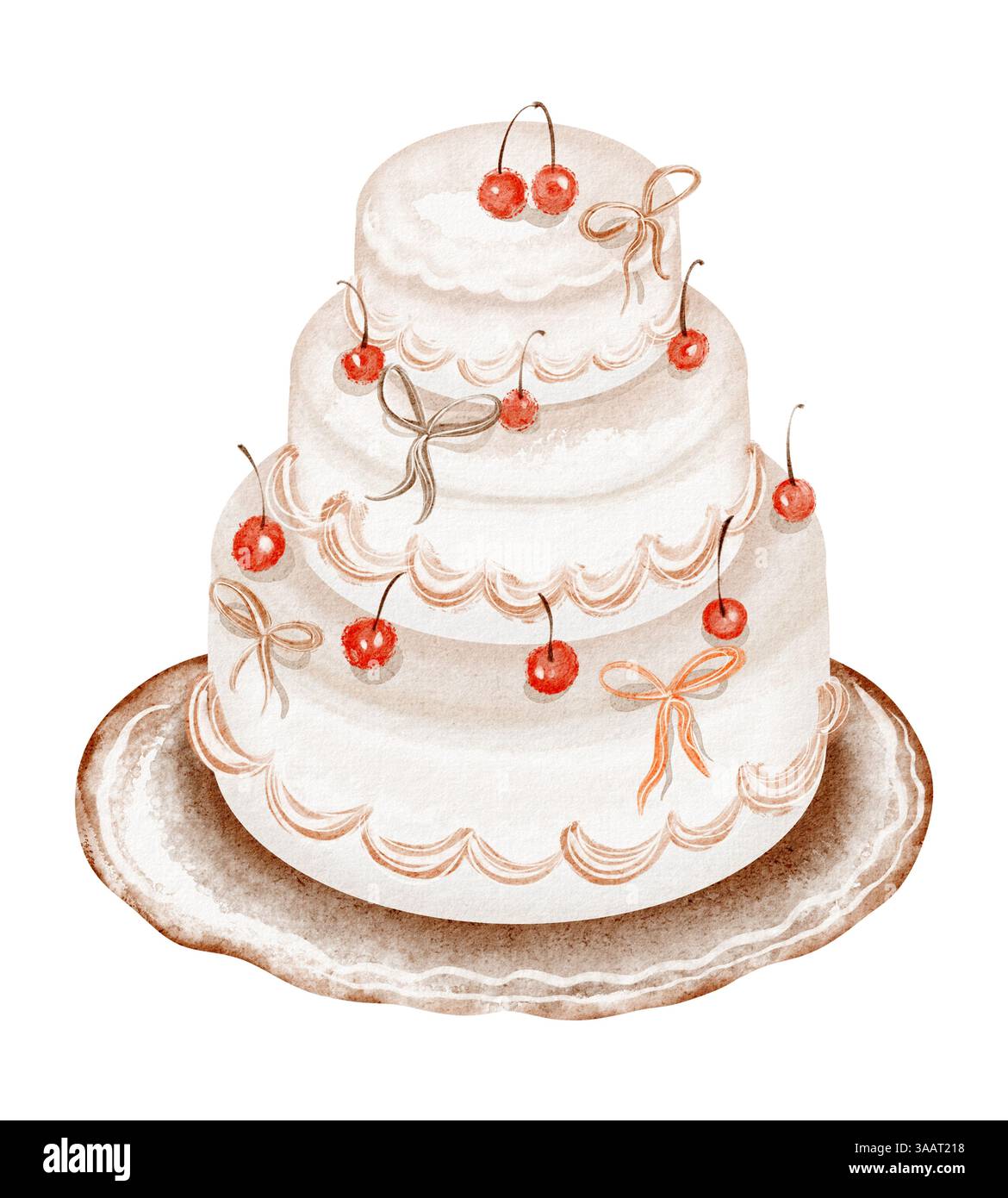 Illustration aquarelle d'un gâteau de mariage à trois niveaux avec glaçage délicat et une cerise Banque D'Images