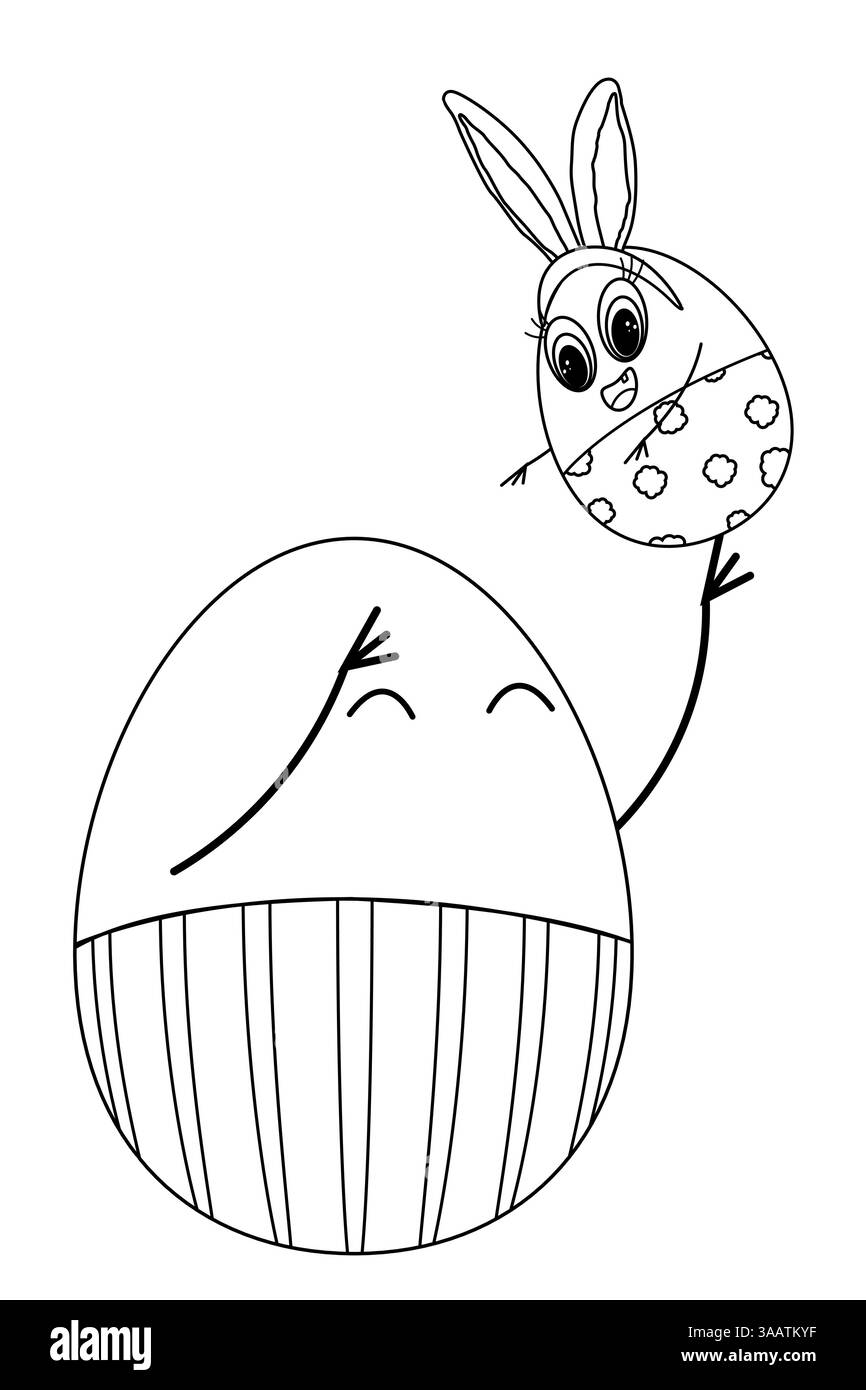 Coloriage noir et blanc d'une famille heureuse de deux personnages anthropomorphes d'oeufs de Pâques. Père jette son fils en l'air. Illustration de Vecteur