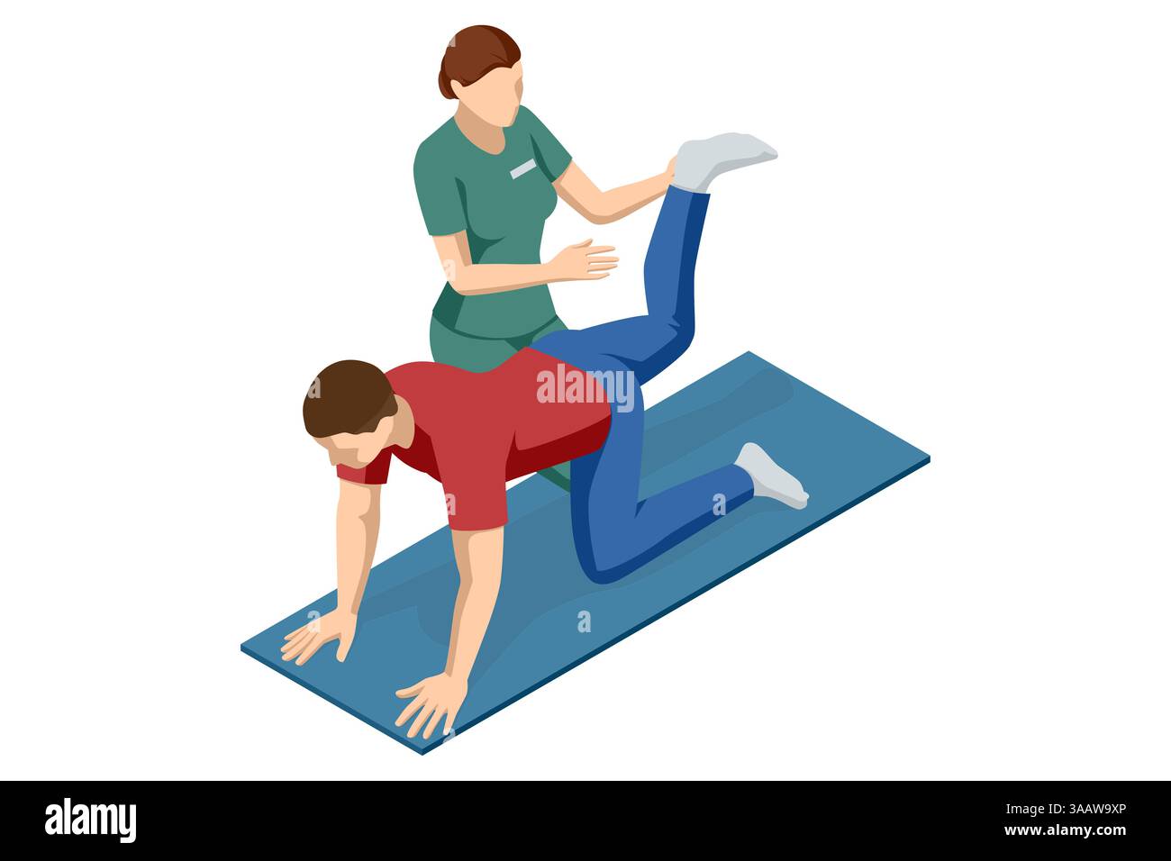 Scène vectorielle isométrique d'un patient masculin effectuant un exercice de physiothérapie guidé par un thérapeute, en se concentrant sur la réadaptation des jambes et de la hanche sur l'exercice Illustration de Vecteur