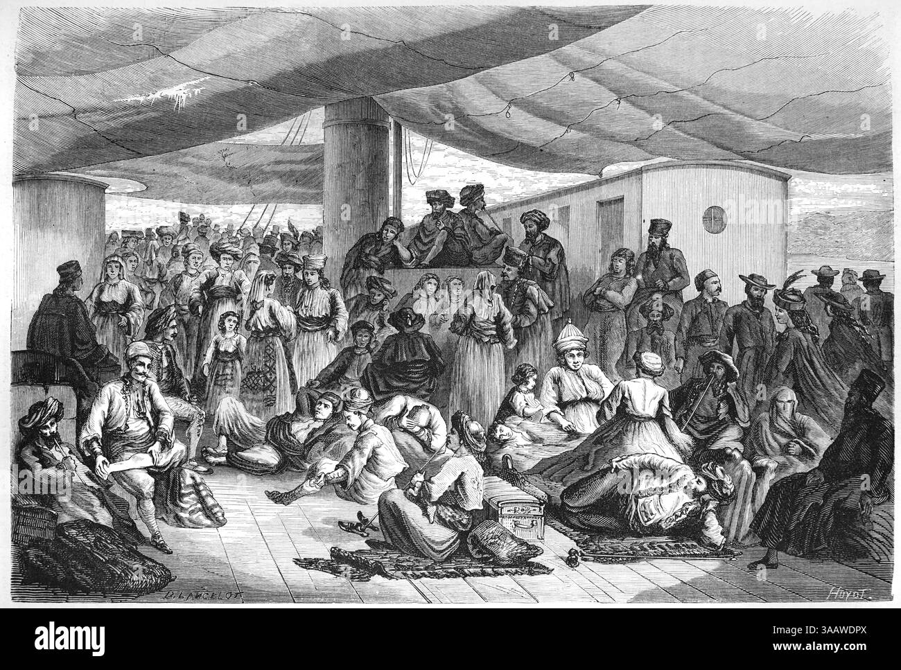 Passagers sur le pont d'un bateau fluvial sur le Danube. Gravure vintage ou historique ou illustration 1866 Banque D'Images