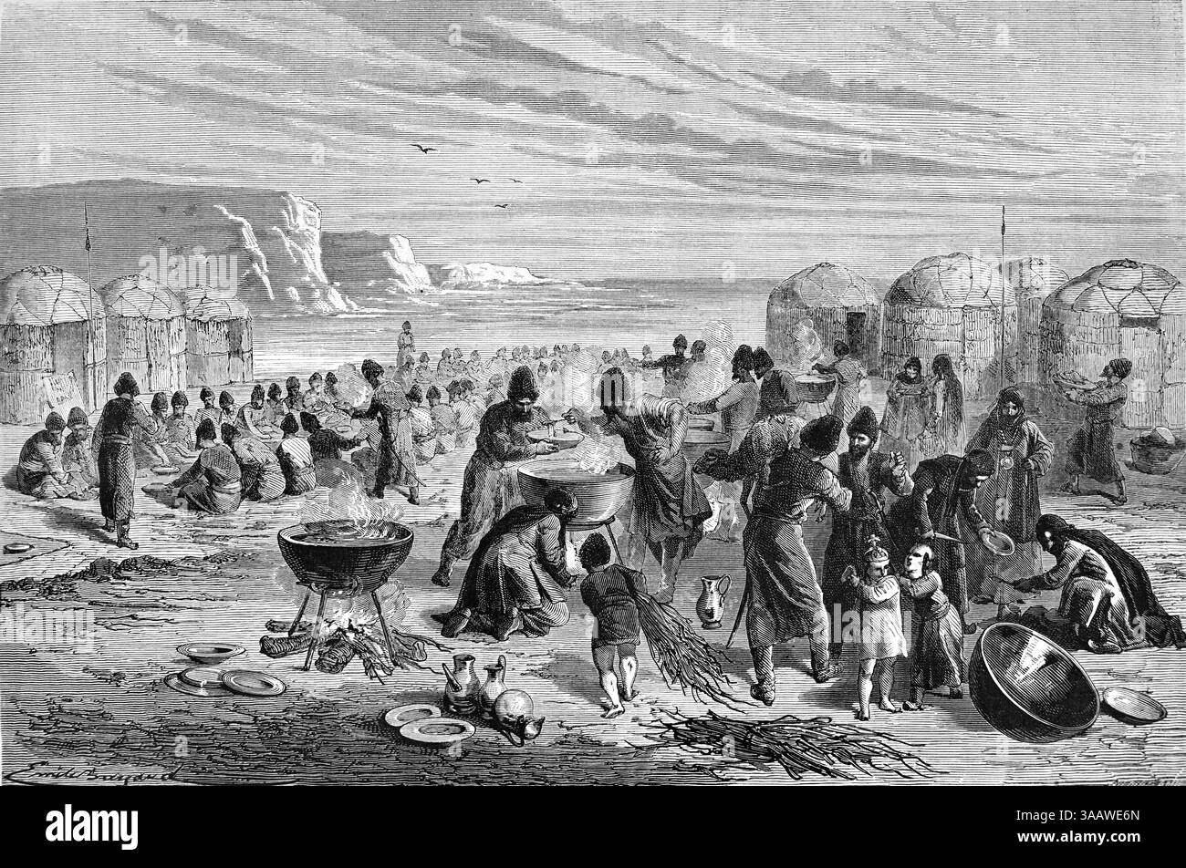 Festival religieux de Cauda Yoli, ou Aïd, un repas communal célébré par les tribus musulmanes Turkmènes ou Turcomen au Khorasan, en Iran ou au Turkménistan en Asie centrale. Gravure vintage ou historique ou illustration 1866. Banque D'Images