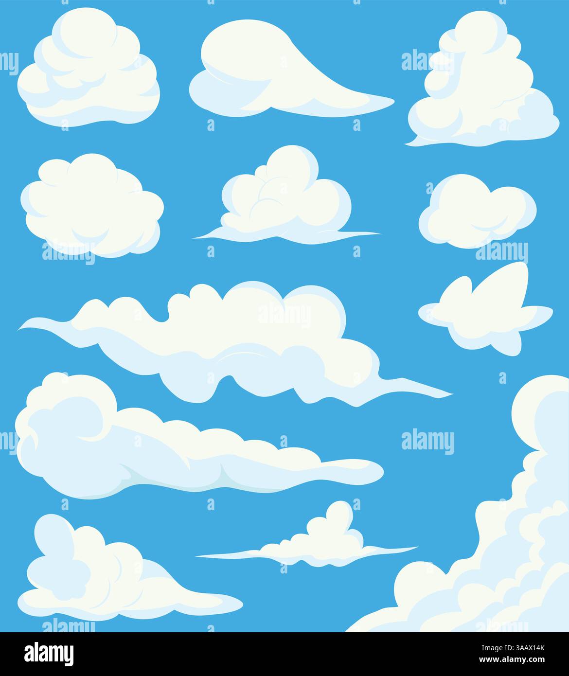 Nuages de dessins animés sur fond de ciel bleu. Illustration d'une collection de divers nuages de dessins animés vectoriels sur un fond de ciel bleu, illustr de nuage blanc Illustration de Vecteur