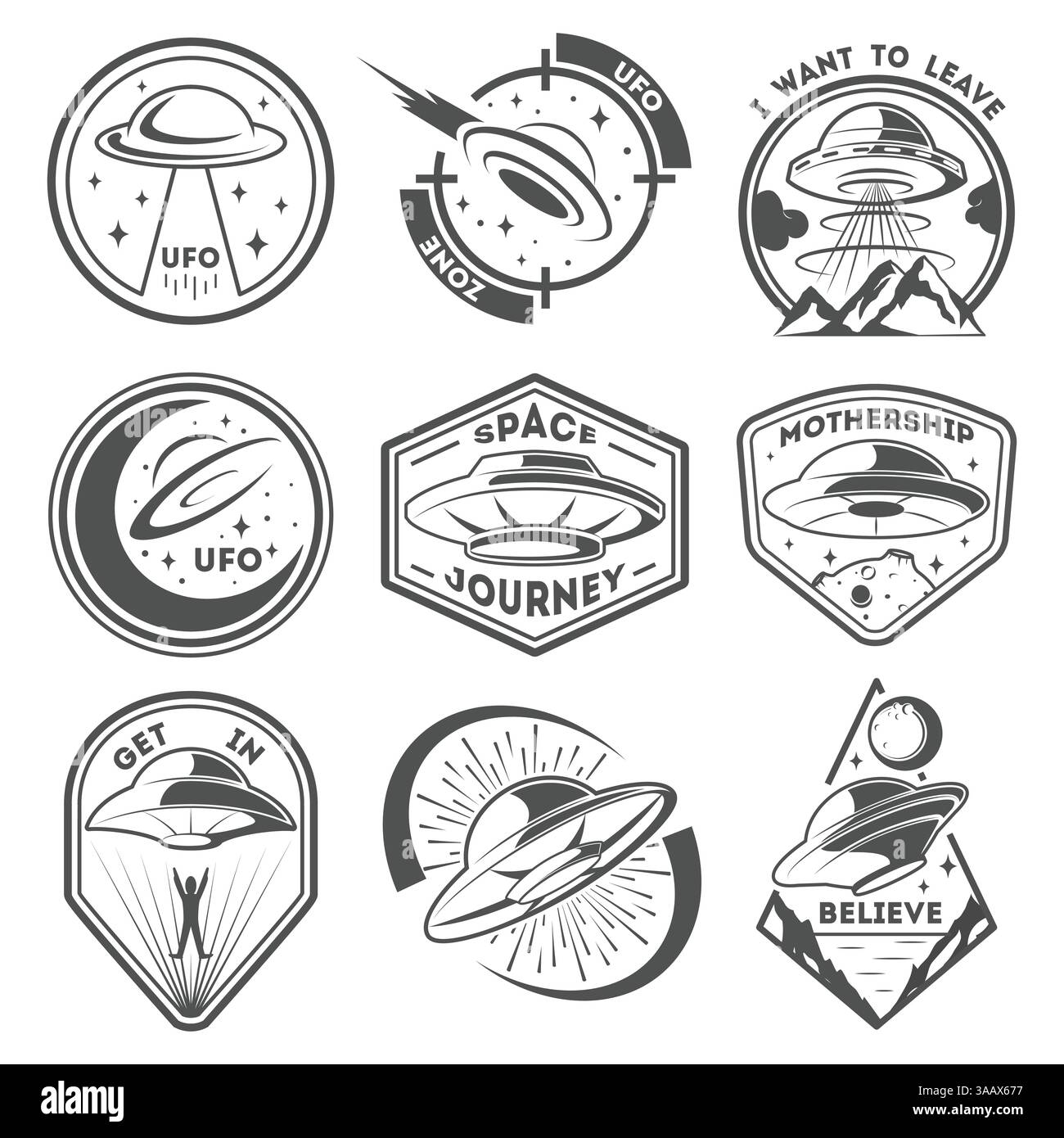 Vaisseau spatial extraterrestre, vaisseaux spatiaux et emblèmes ovni ensemble. Navire cosmique en forme de soucoupe pour le transport. Ensemble de vecteurs de badges UFO monochromes Illustration de Vecteur