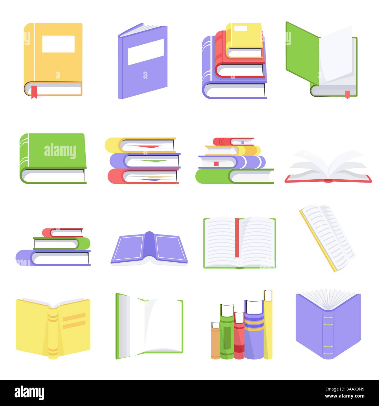Livres ouverts et fermés avec des pages vierges. Collection de livres vectoriels et de documents de lecture. Manuels scolaires en couvertures colorées avec signets. Encyclopédie an Illustration de Vecteur