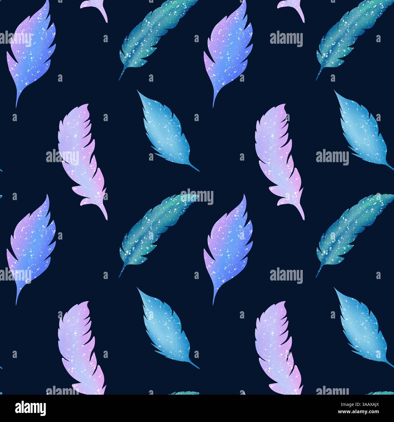 Belles plumes colorées sur un fond noir, motif sans couture. Illustration numérique aquarelle Banque D'Images
