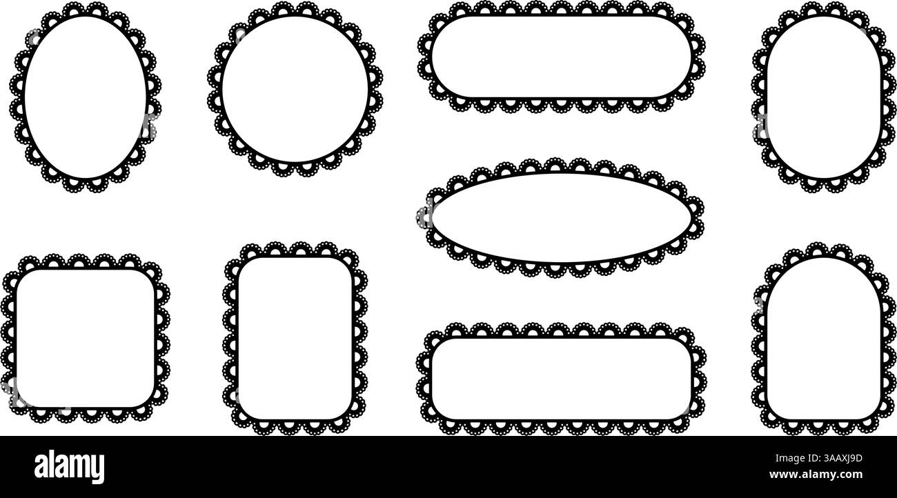 Bord de crête du cadre. Ornements de dentelle bordent les carrés, les cercles et les rectangles. Ensemble d'illustrations noires vectorielles isolées sur fond blanc. Illustration de Vecteur
