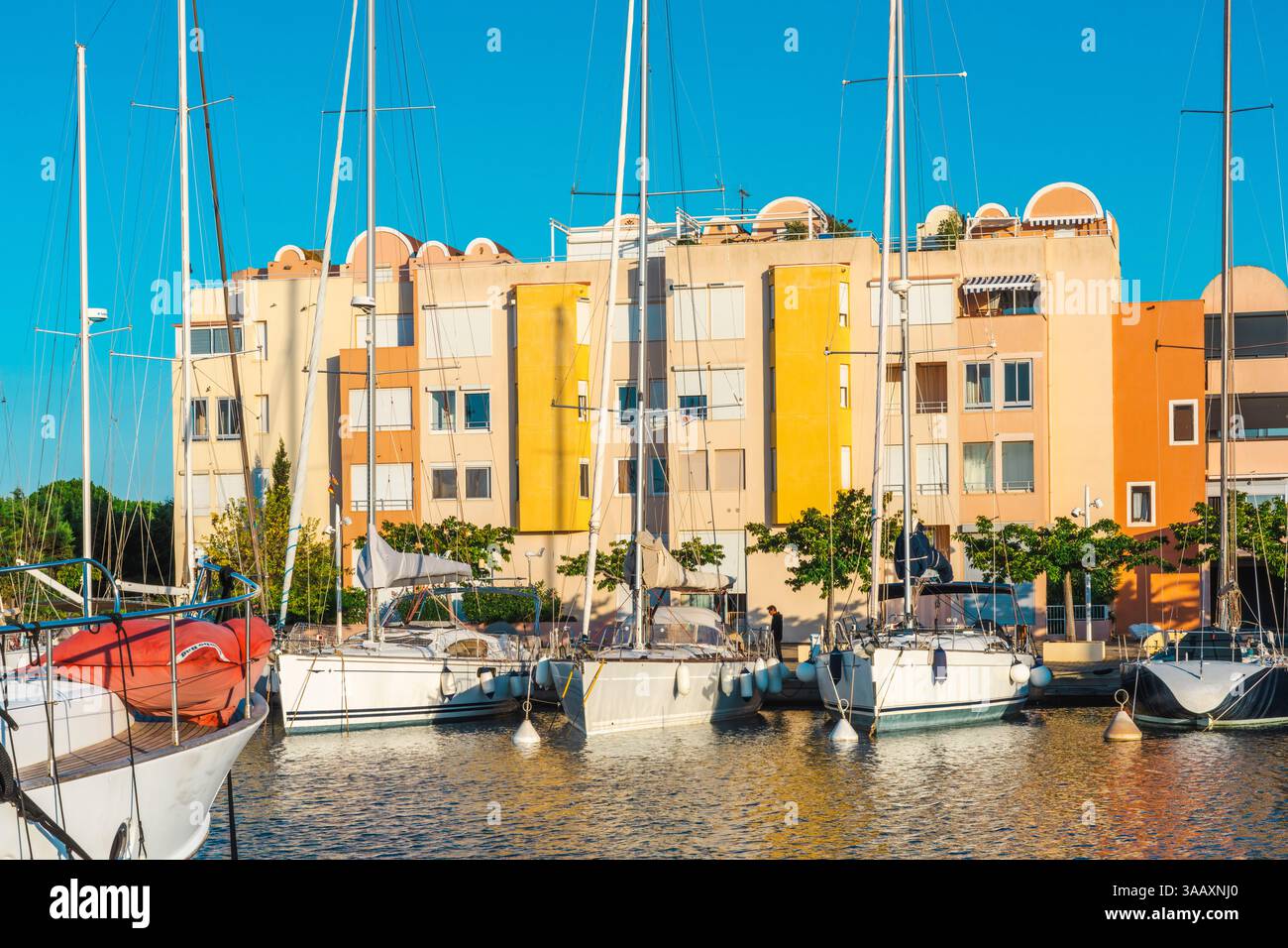 France, Aude, Parc naturel régional Narbonnaise en Méditerranée, Côte du midi, Côte du midi, Grand Narbonne, Gruissan, port de Gruissan, vue sur le port de plaisance et bateaux amarrés au lever du soleil Banque D'Images