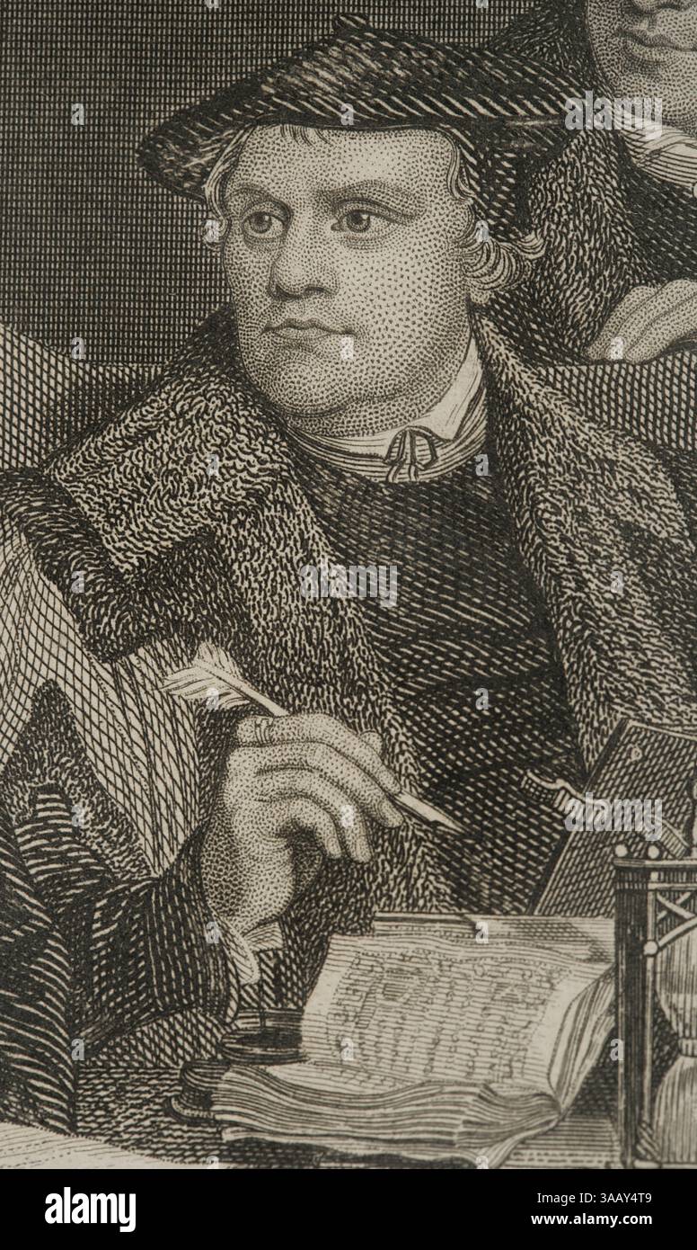 Martin Luther (1483-1546) Théologien allemand et frère augustinien. Portrait. Gravure. Détail. Historia de las persecuciones Políticas y religiosas en Europa (histoire des persécutions politiques et religieuses en Europe). Volume II. publié à Barcelone, 1864. Banque D'Images