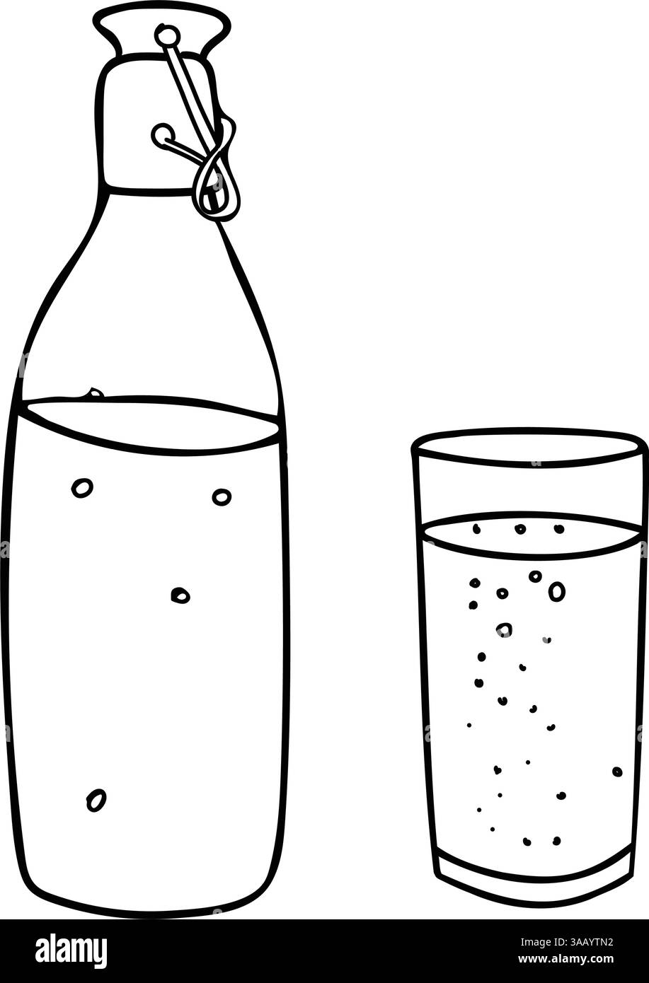 Verre et bouteille avec bouchon en porcelaine. Soda, limonade, eau avec des bulles ou une boisson Fizzy. Dessin de contour noir et blanc. Style minimaliste Illustration de Vecteur