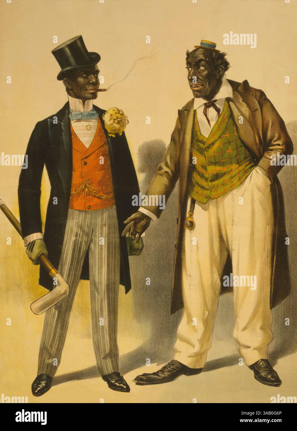 Deux interprètes en face noire, face à face, l'un en smoking, l'autre en costume. Banque D'Images
