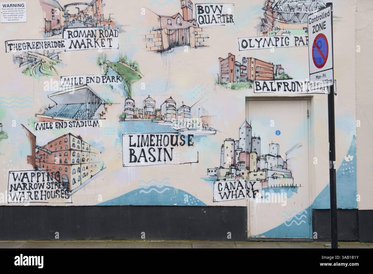 Tower Hamlets Landmarks murale avec un panneau de rue de zone contrôlée d'Aberavon Road, Mile End, Londres-E3 Banque D'Images