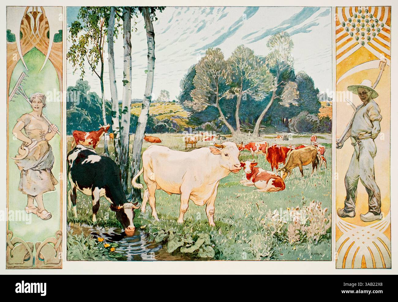 Auf der weide, dans le pâturage, conception murale décorative de l'artiste tchèque Frank Kupka de Decorative Vorbilder XVII, 1906 Banque D'Images