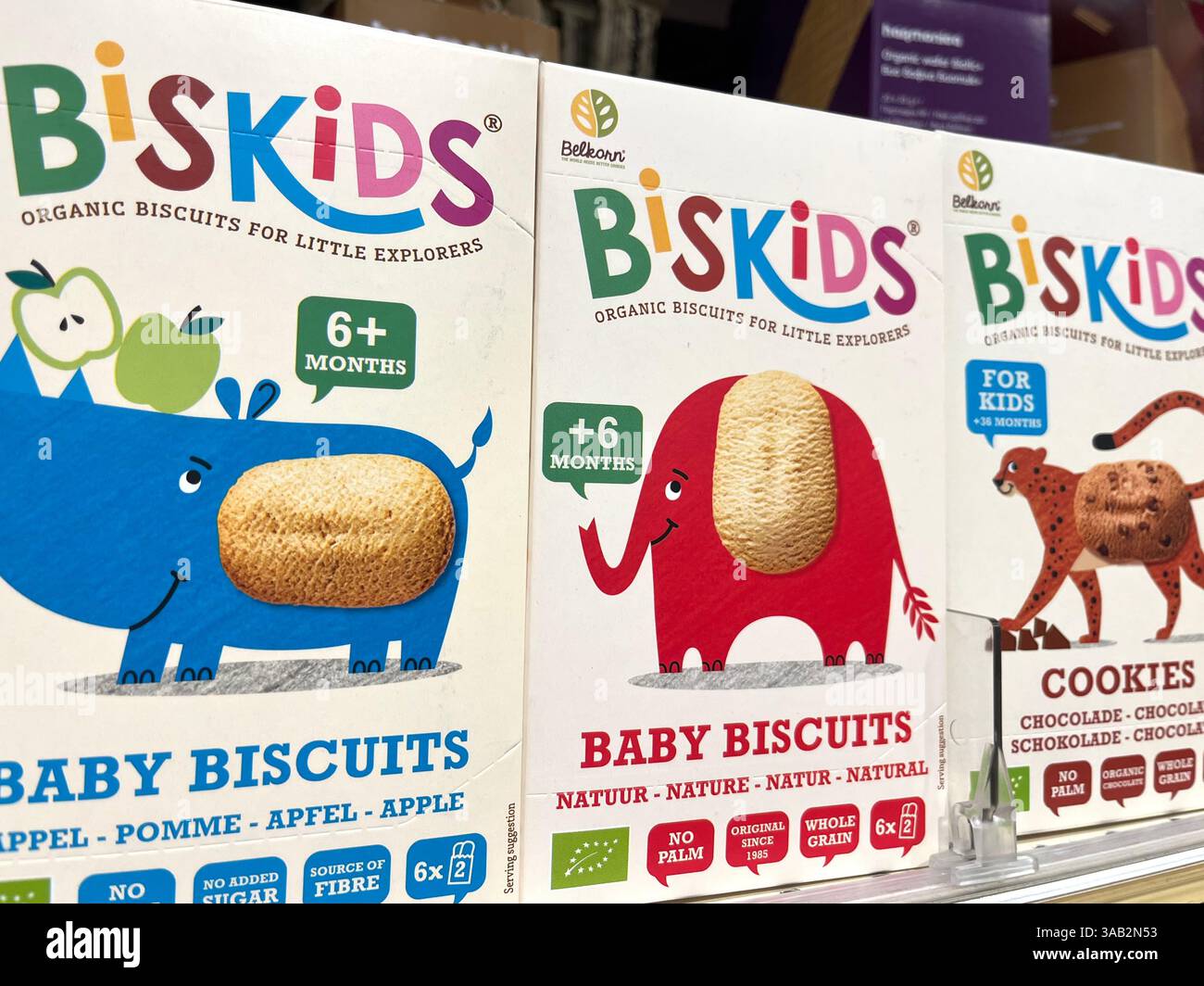 Biscuits bio pour bébés Biskids, biscuits pour bébés, biscuits bio, biscuits pour bébés, collations pour bébés, biscuits de dentition, Belkorn, produits belges, supermarché Banque D'Images