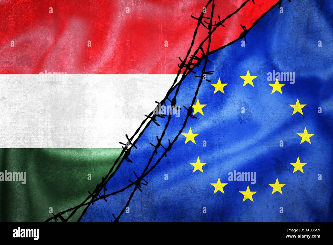 Drapeaux grunge de la Hongrie et de l'Union européenne divisés par l'illustration barbée, concept de relations tendues entre la Hongrie et l'UE sur de nombreuses questions Banque D'Images