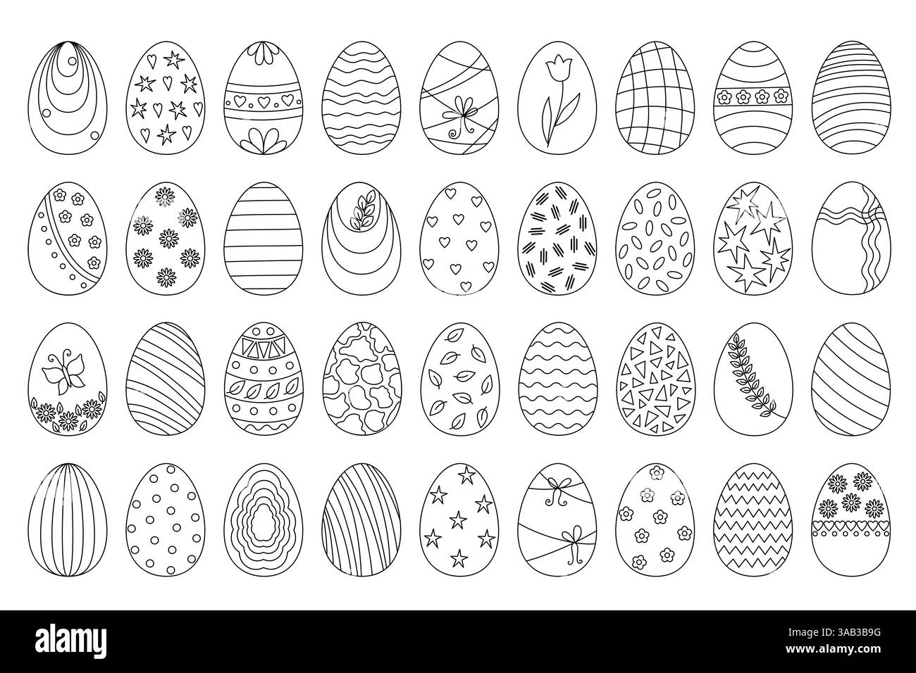 Contour de symbole de vacances de Pâques décoré oeufs ensemble dans l'illustration vectorielle simple de doodle pour le décor de temps de fête du printemps, page de coloriage, cartes de voeux, invitations, bannières, activités pour enfants Illustration de Vecteur