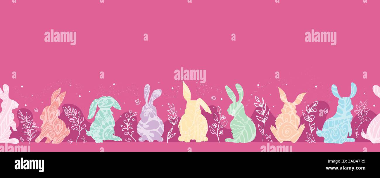 Lapins avec des brindilles, bordure rose sans couture Illustration de Vecteur