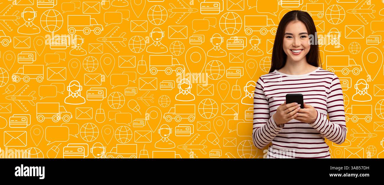 Acheteur d'achat en ligne s'engageant avec le service de livraison à l'aide d'un smartphone Banque D'Images