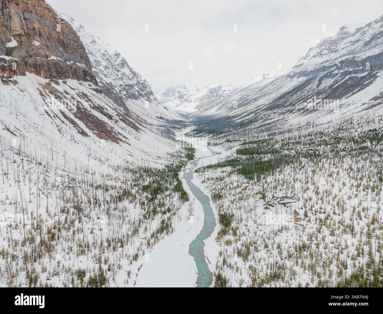 Une superbe rivière glaciaire serpentant à travers un terrain montagneux accidenté, présentant des eaux bleues immaculées et des paysages alpins spectaculaires. Banque D'Images